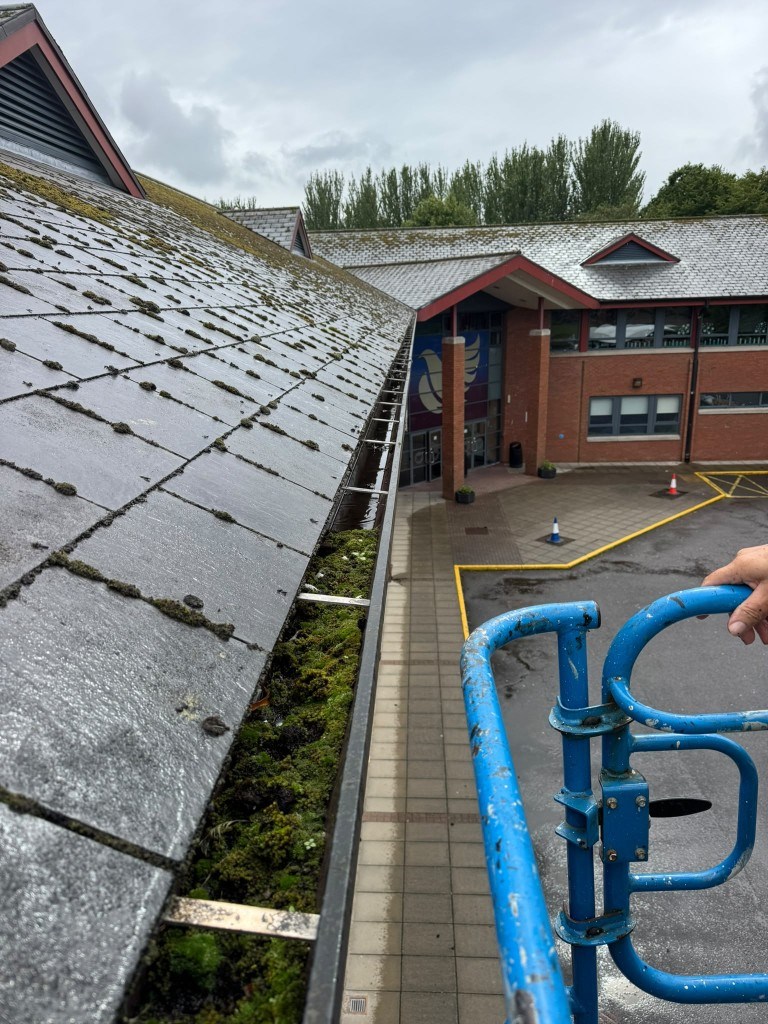 Blocked school gutter and mossy roof tiles from a cherry picker at Hazelwood College entrance